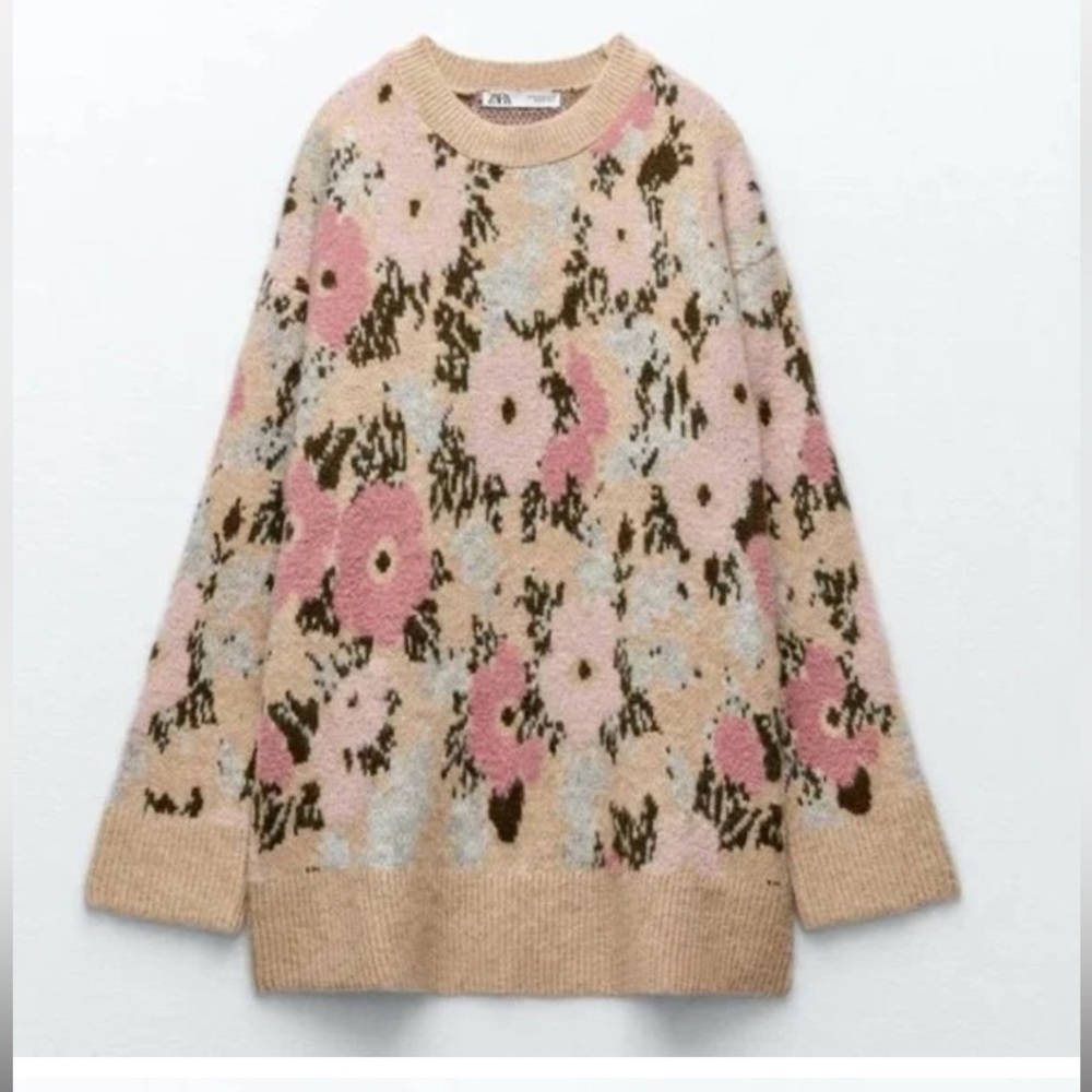 GUC ZARA BEIGE PINK FLORAL PRINTED JACQUARD OVERSIZED SWEATER SZ M MEDIUM